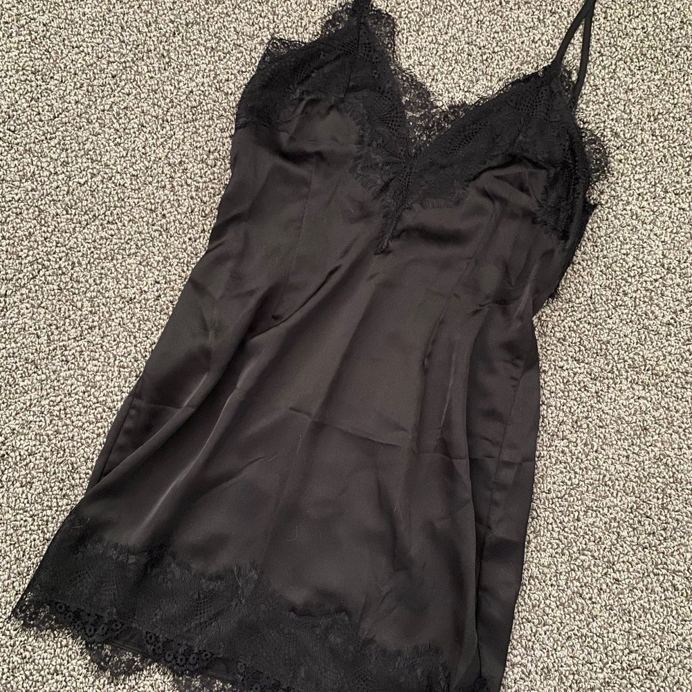 Black Lace Trim Satin Dress